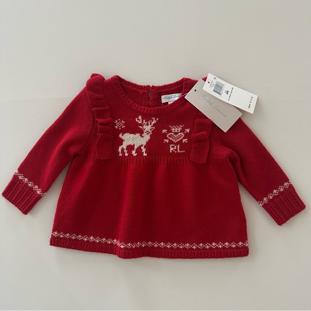 Ralph Lauren 9 Months Baby Girl Red Sweater Reindeer Holiday Christmas NWT